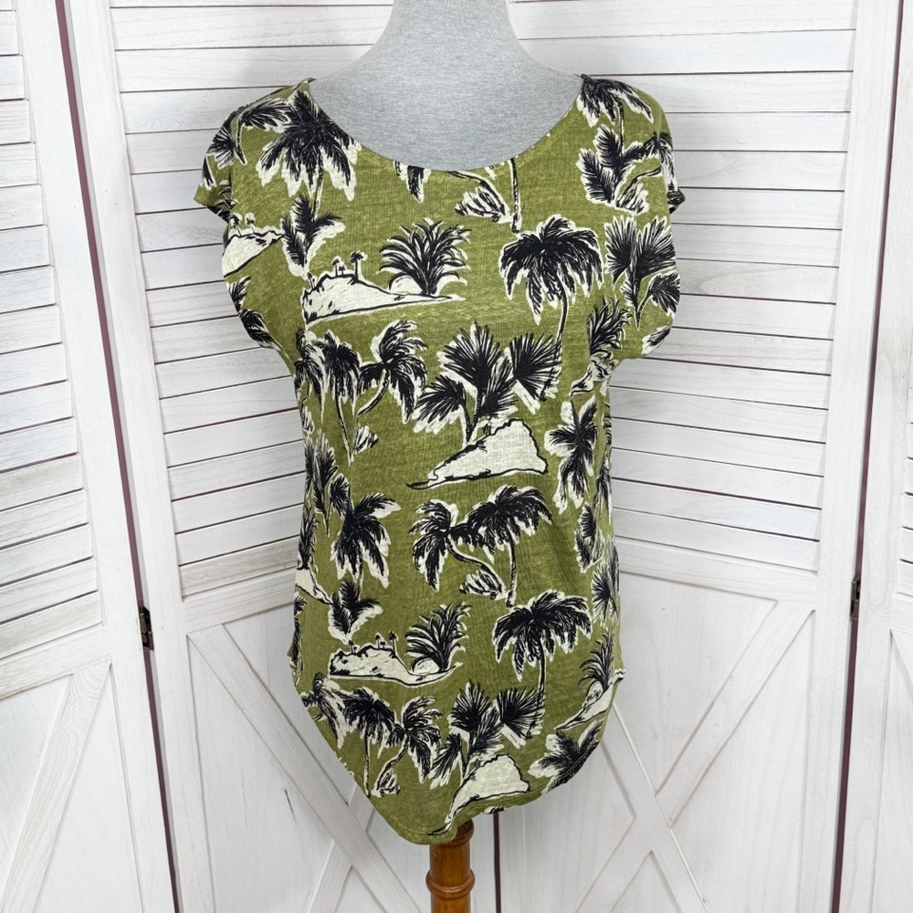 Tahari Tropical Island‎ Print Linen Knit Cap Sleeve Tee Shirt Olive Green Small